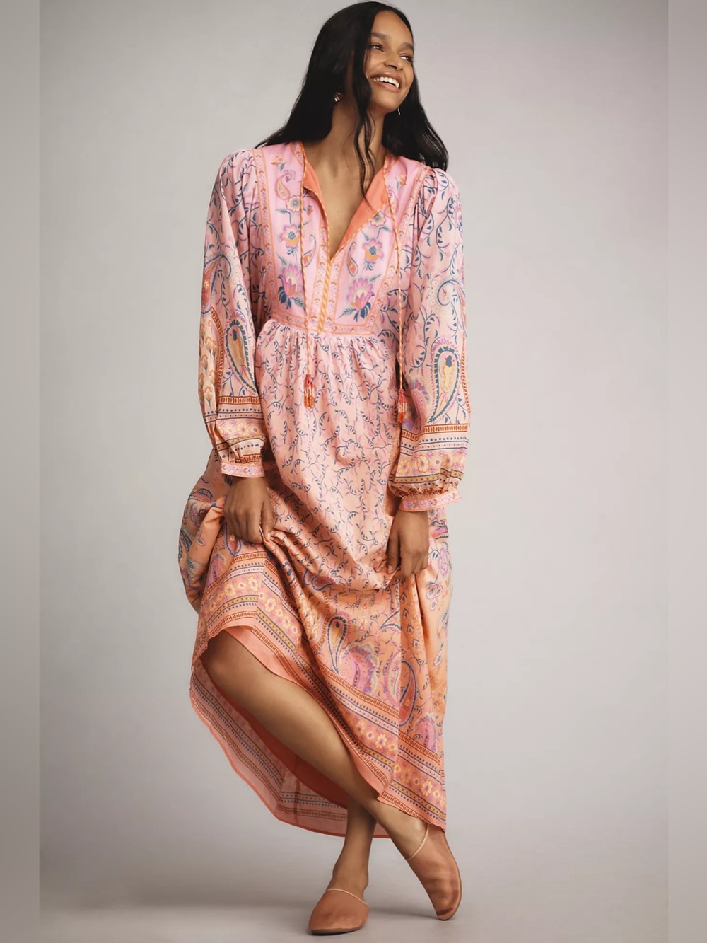 NWT Farm Rio Anthropologie Long Sleeve Printed Maxi Dress Boho Pink S Small